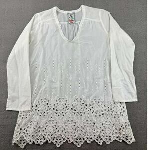Johnny Was Tunic Top Women S White Sheer Eyelet Embroidery Scallop Hem V Neck